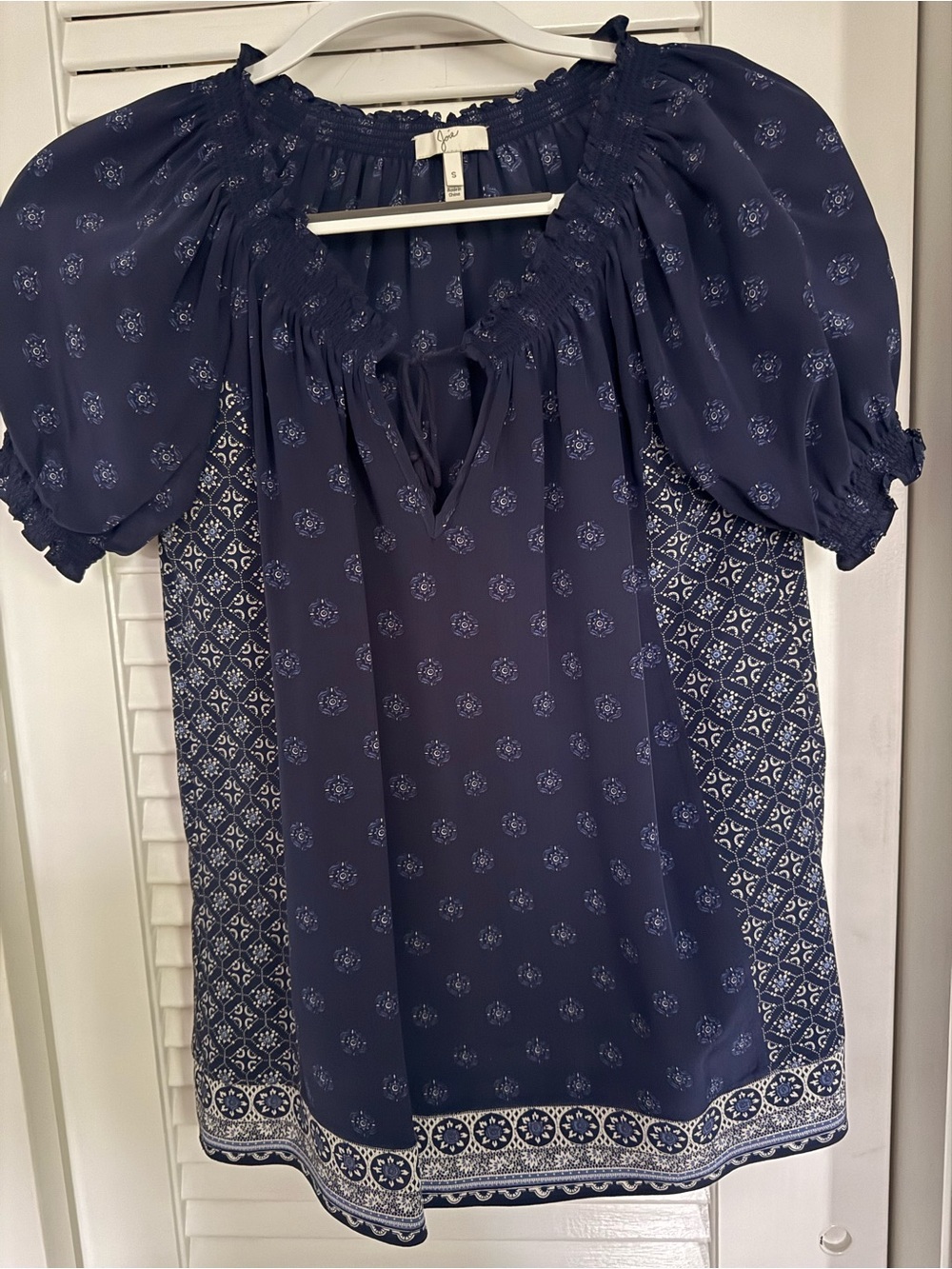 Joie Navy Printed Peasant Blouse
